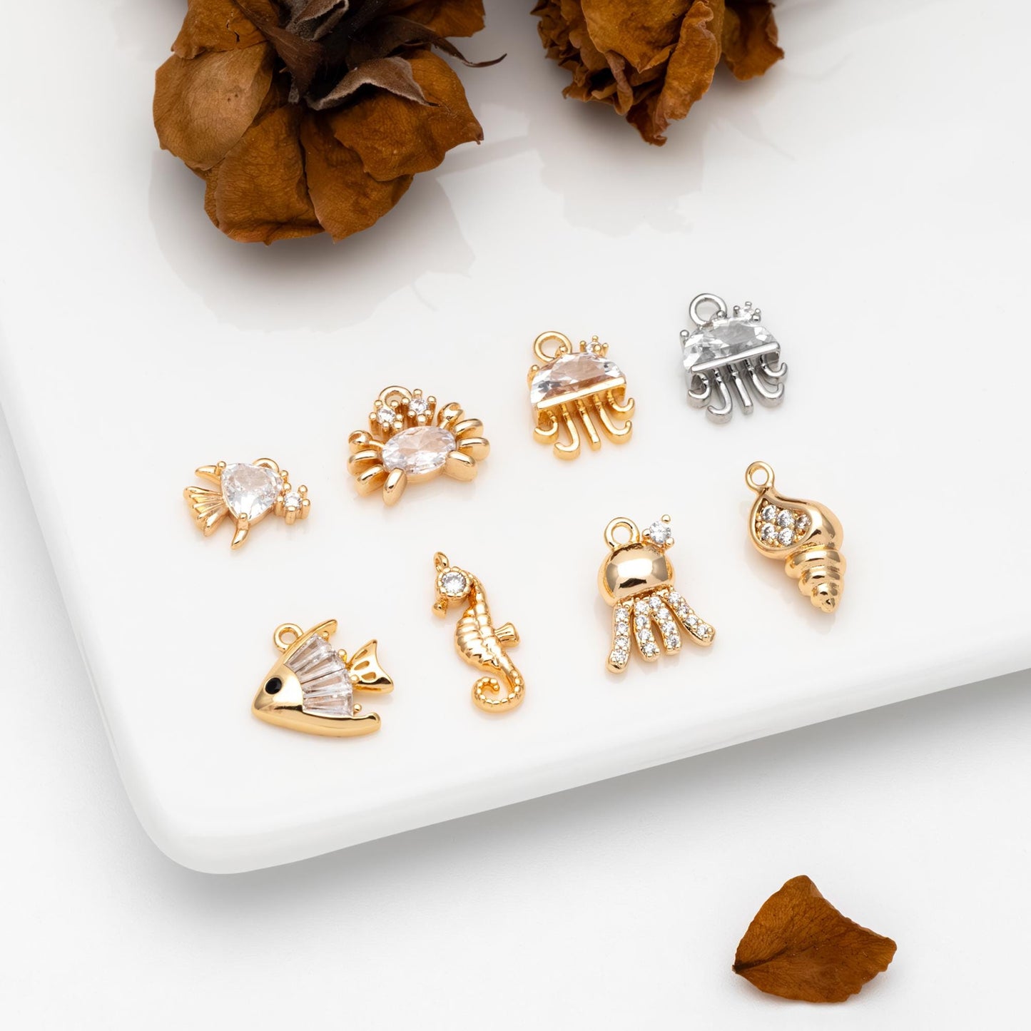4pcs CZ Pave Gold/ Silver Tiny Marine Animal Charm, Gold/ Rhodium plated Brass Ocean Charm, Earring Charm, Beach Jewelry (GB-3781)