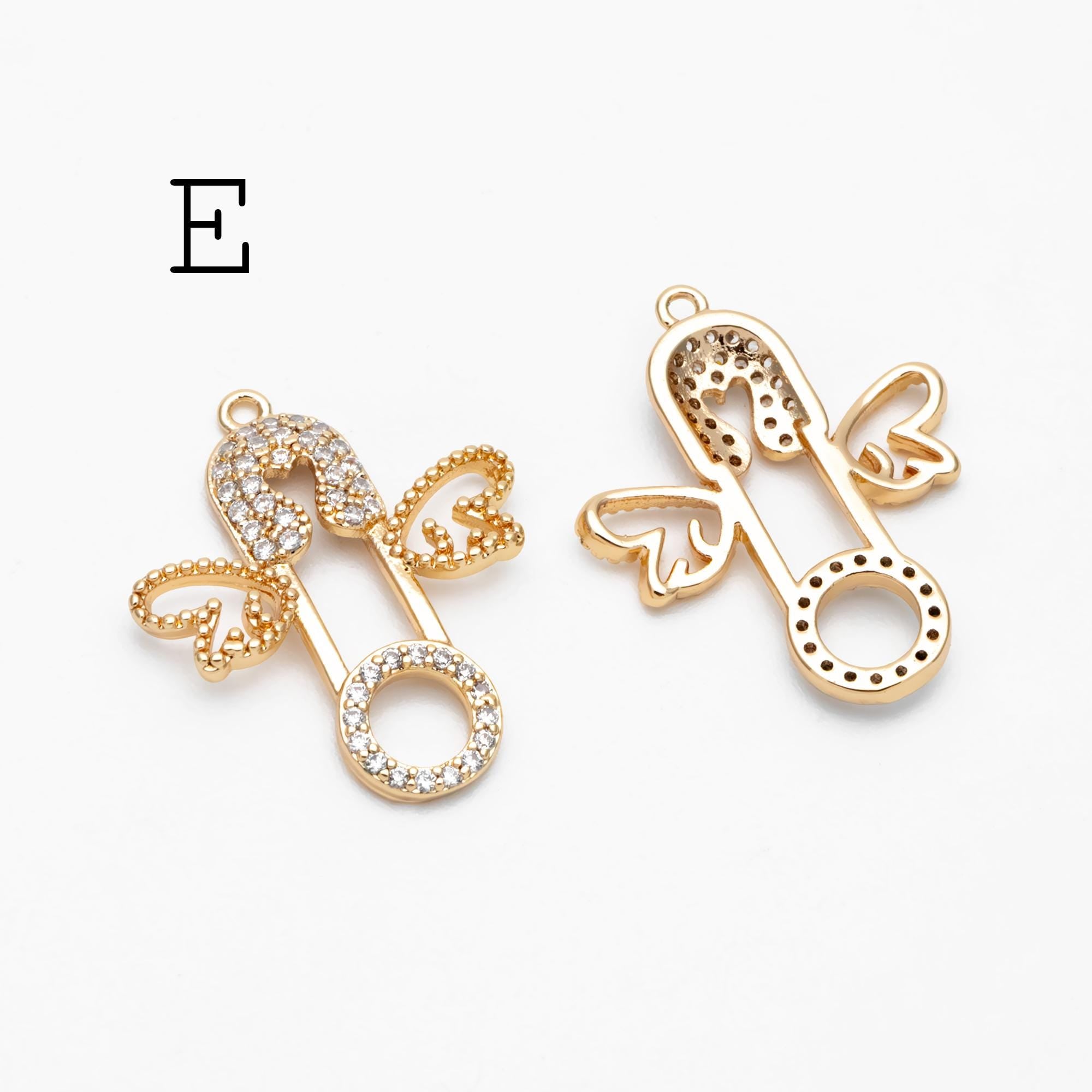 4pcs CZ Pave Safety Pin Charm Connectors , Gold Plated Brass Safety Pin Charm Pendants (GB-1827)