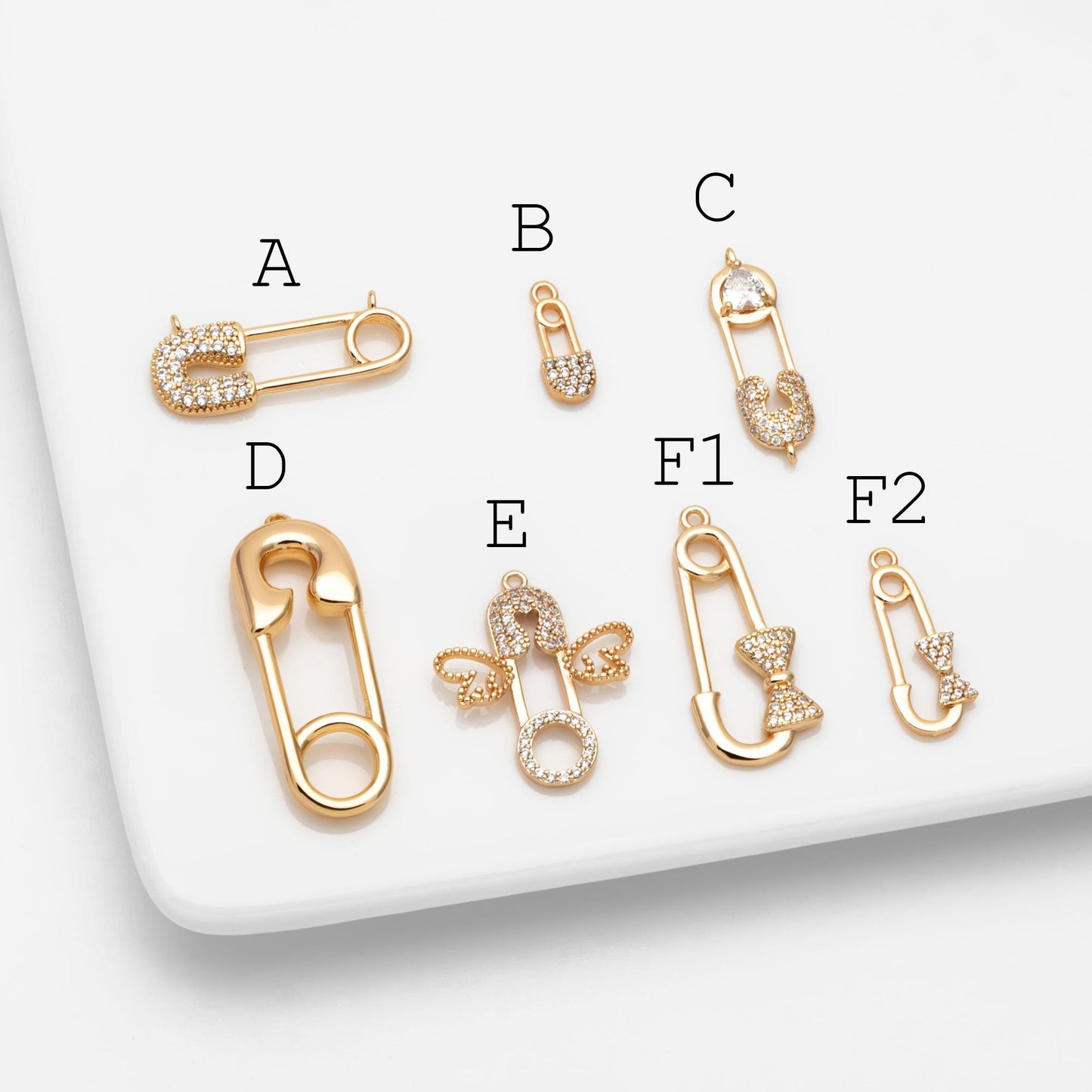 4pcs CZ Pave Safety Pin Charm Connectors , Gold Plated Brass Safety Pin Charm Pendants (GB-1827)