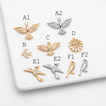 4pcs CZ Pave Gold/ Silver Tone Bird Charms, Real Gold/ Rhodium plated Brass Bird Pendant (GB-1480)