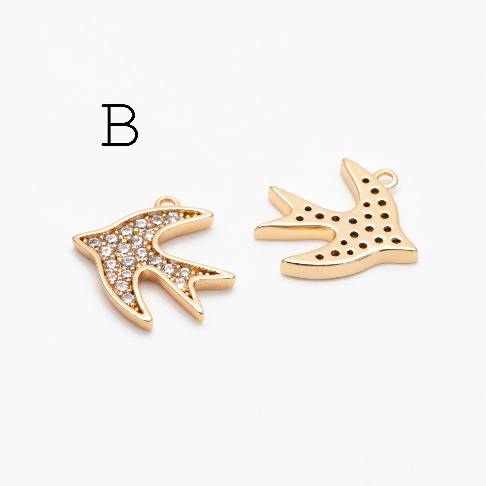 4pcs CZ Pave Gold/ Silver Tone Bird Charms, Real Gold/ Rhodium plated Brass Bird Pendant (GB-1480)