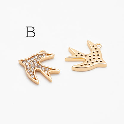4pcs CZ Pave Gold/ Silver Tone Bird Charms, Real Gold/ Rhodium plated Brass Bird Pendant (GB-1480)