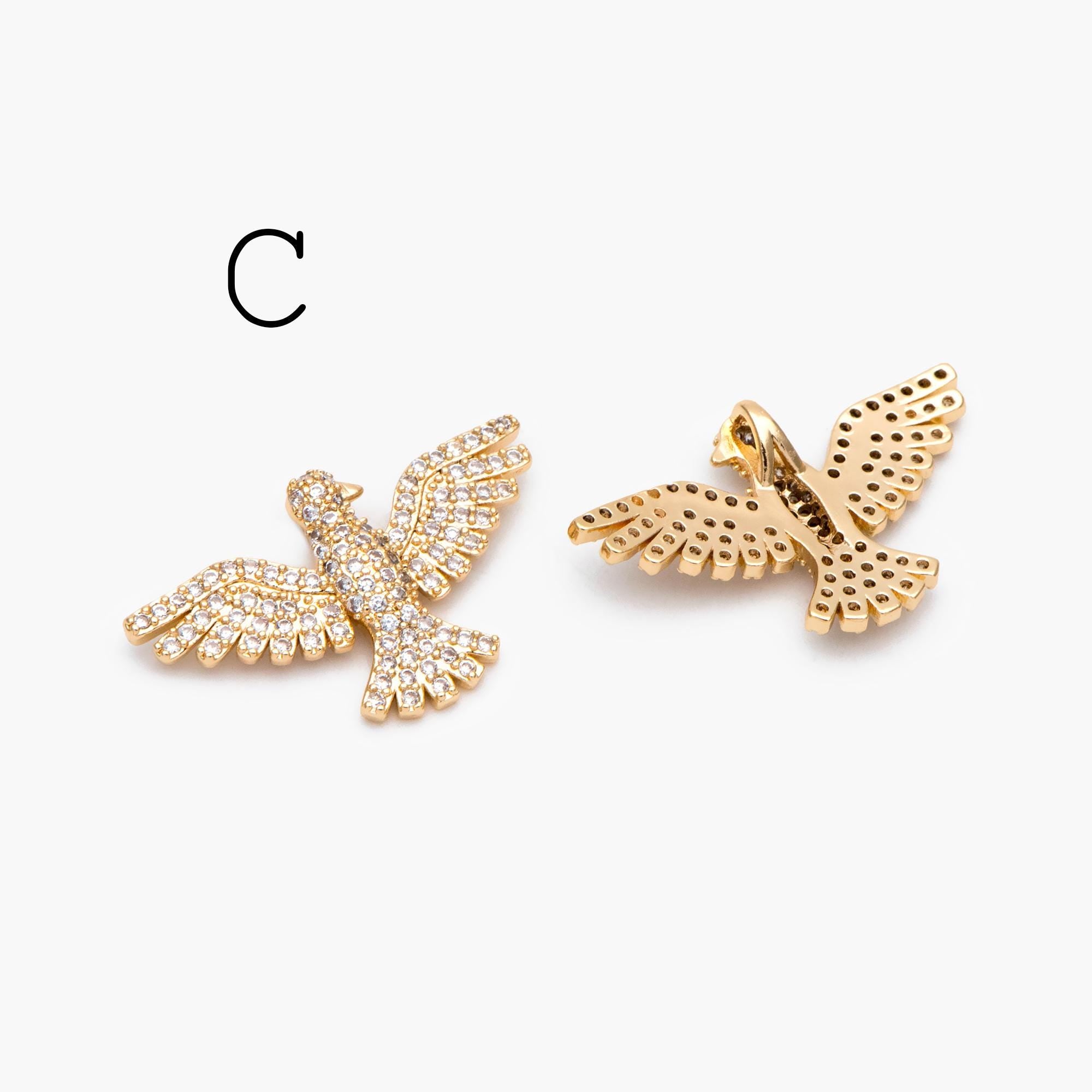 4pcs CZ Pave Gold/ Silver Tone Bird Charms, Real Gold/ Rhodium plated Brass Bird Pendant (GB-1480)