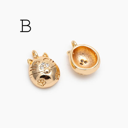 10pcs Gold plated Brass Cat Charms, Lucky Cat Maneki Neko Pendants (GB-2431)