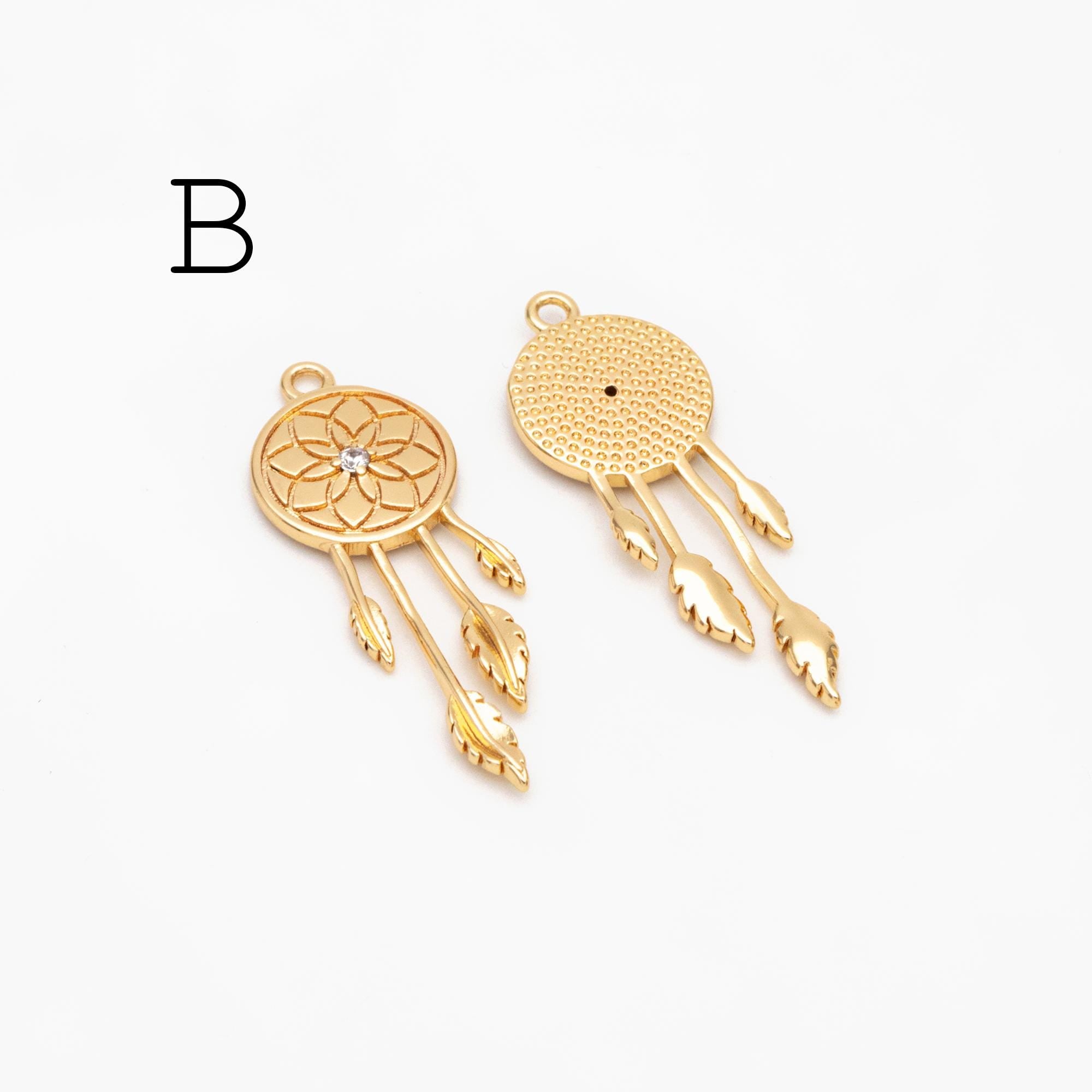4pcs Gold Dreamcatcher Charms, 18K Gold plated Brass, Dainty Earring Charms (GB-4639)