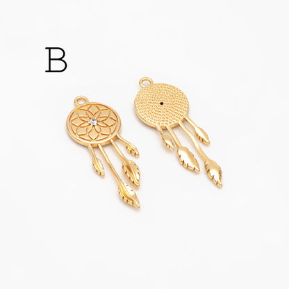 4pcs Gold Dreamcatcher Charms, 18K Gold plated Brass, Dainty Earring Charms (GB-4639)