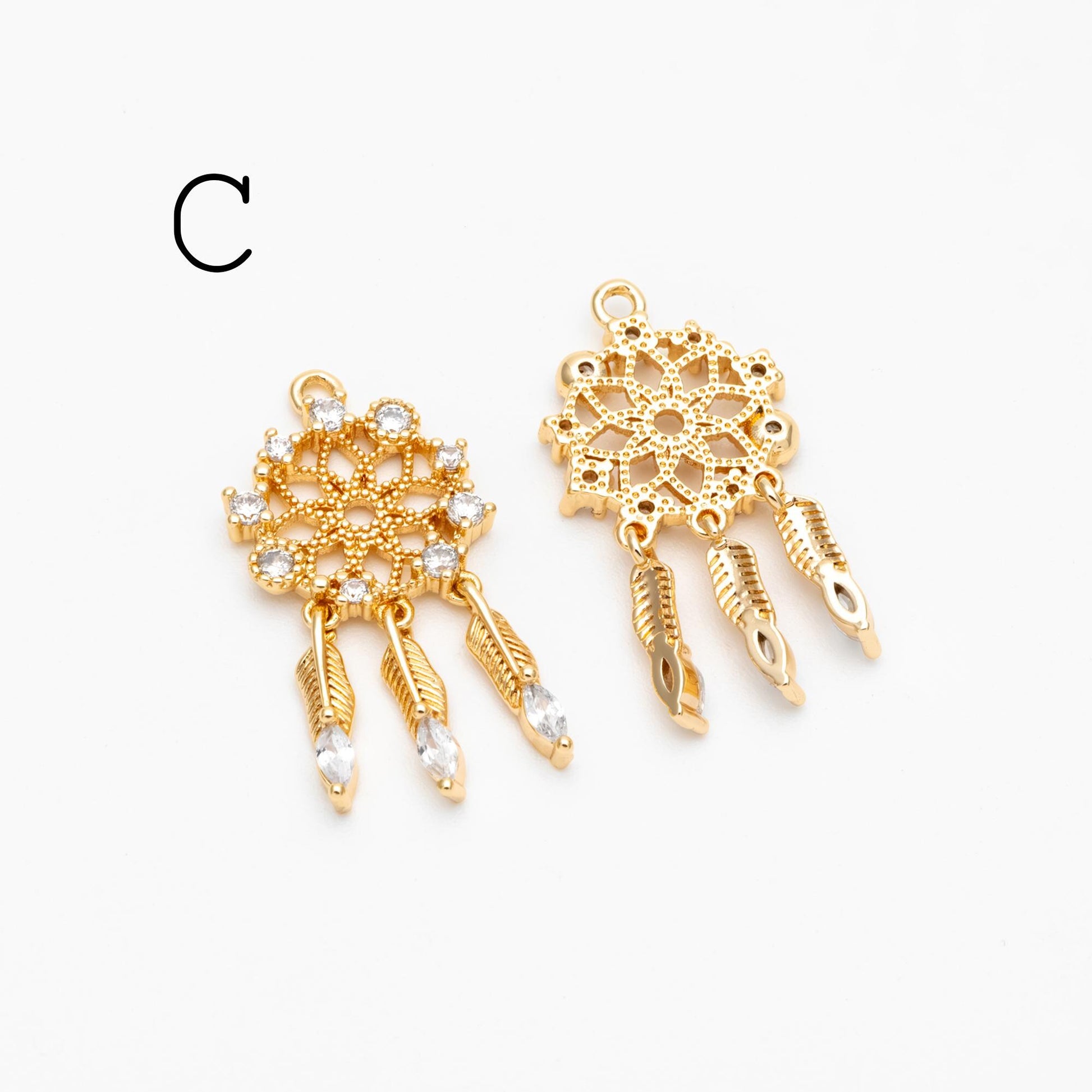 4pcs Gold Dreamcatcher Charms, 18K Gold plated Brass, Dainty Earring Charms (GB-4639)