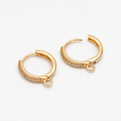 4pcs CZ Pave Hoop Earrings, Round Leverback Ear Hooks, 18K Gold/ Rhodium plated Brass, Earring Component Findings (GB-3217)