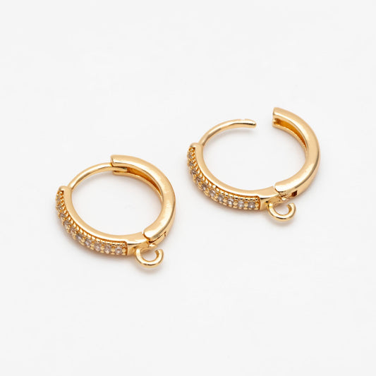 4pcs CZ Pave Hoop Earrings, Round Leverback Ear Hooks, 18K Gold/ Rhodium plated Brass, Earring Component Findings (GB-3217)