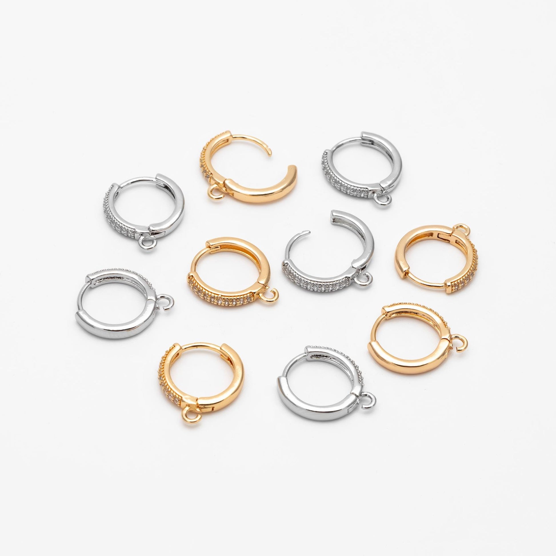 4pcs CZ Pave Hoop Earrings, Round Leverback Ear Hooks, 18K Gold/ Rhodium plated Brass, Earring Component Findings (GB-3217)