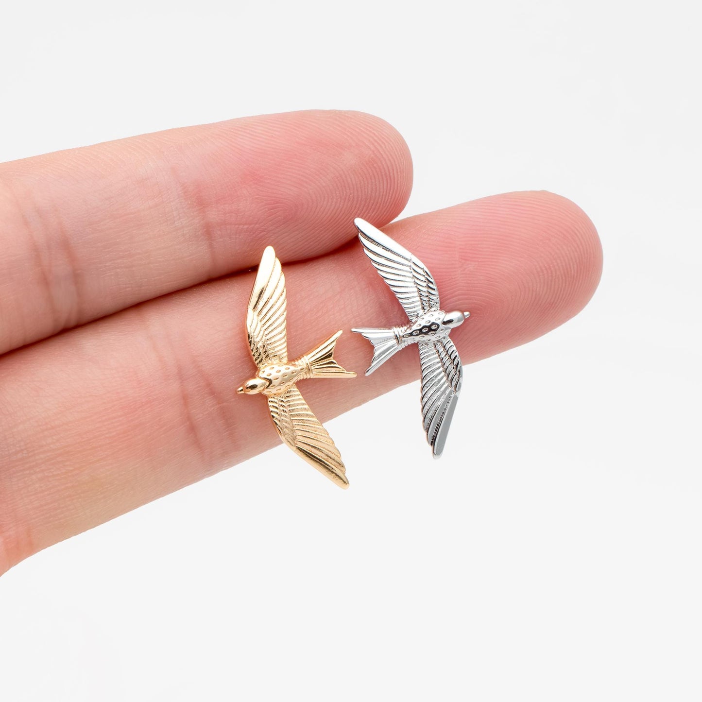 10pcs Gold/ Silver Tone Swallow Earrings, 18K Real Gold/ Rhodium Plated Brass, Bird Stud Earrings (GB-4675)