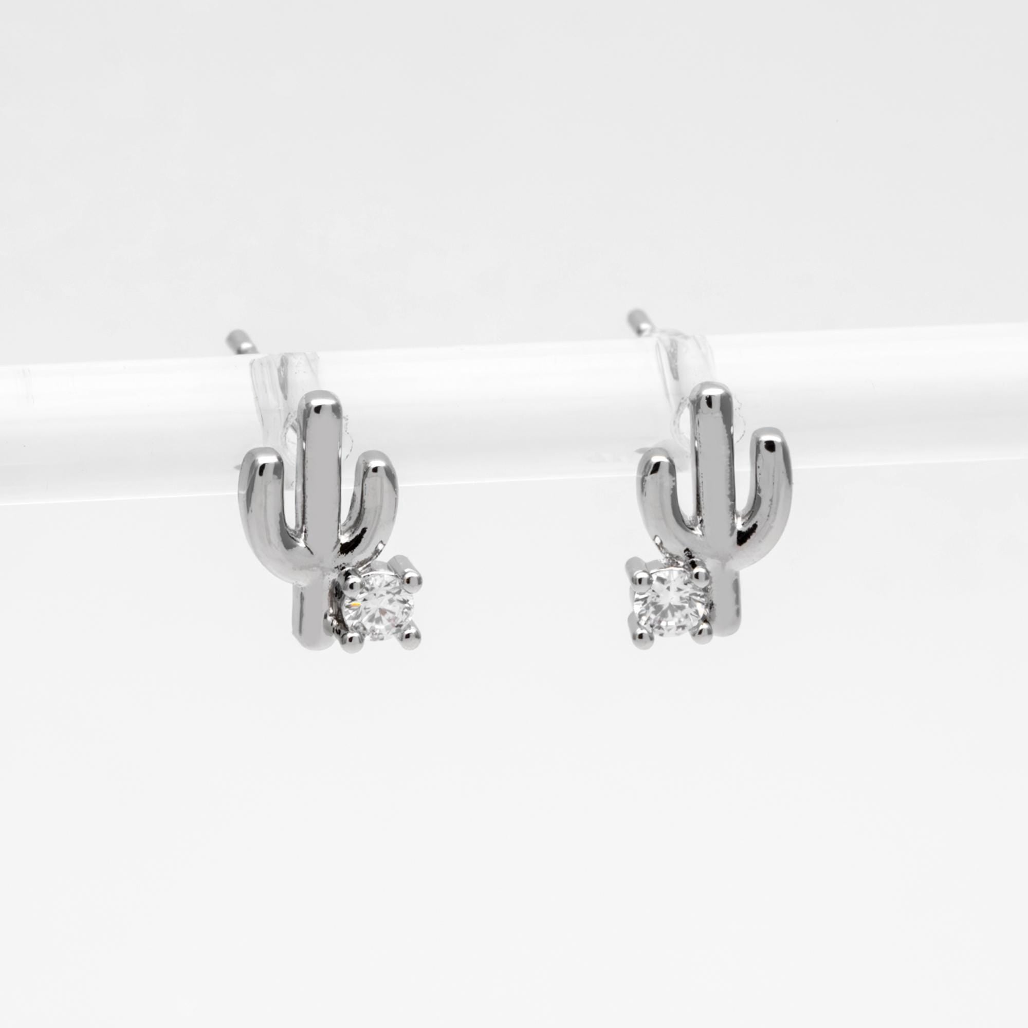 10pcs CZ Pave Gold/ Silver Cactus Stud Earrings, 18K Gold/ Rhodium plated Brass, Minimalist Stud Earring (GB-4676)