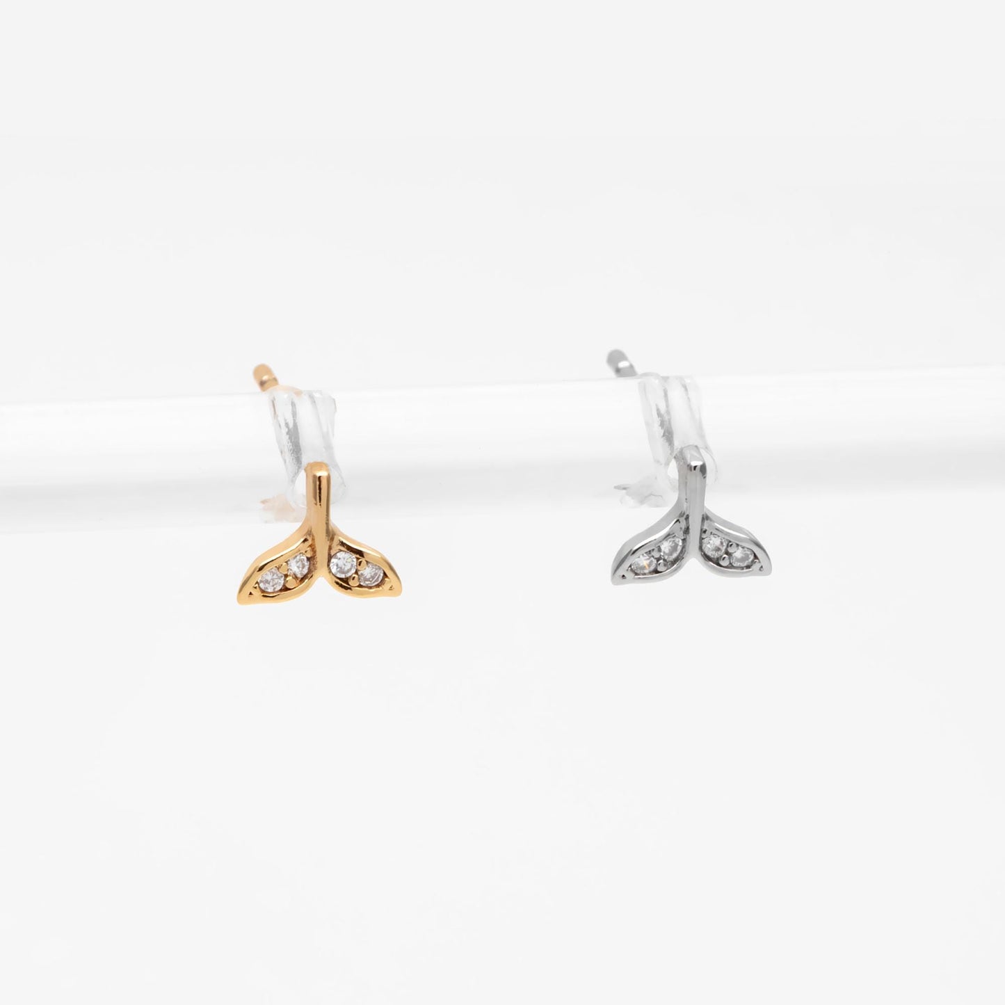 10pcs CZ pave Gold/ Silver Whale Tail Earrings, Real Gold/ Rhodium Plated Brass, Fish Tail Stud Earrings (#GB-4677)