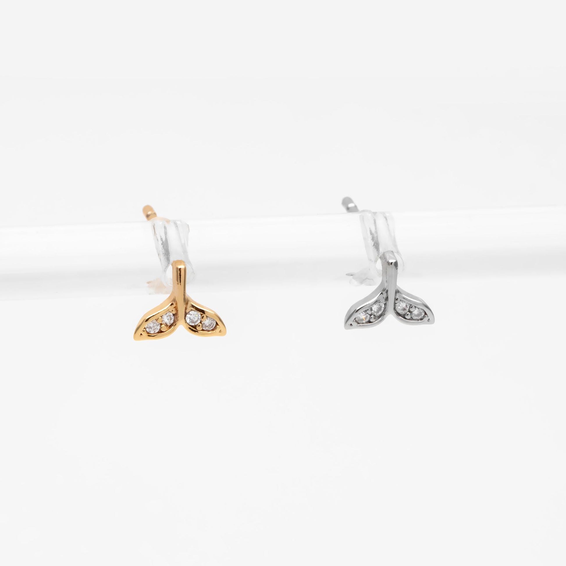 10pcs CZ pave Gold/ Silver Whale Tail Earrings, Real Gold/ Rhodium Plated Brass, Fish Tail Stud Earrings (#GB-4677)