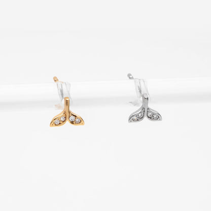 10pcs CZ pave Gold/ Silver Whale Tail Earrings, Real Gold/ Rhodium Plated Brass, Fish Tail Stud Earrings (#GB-4677)