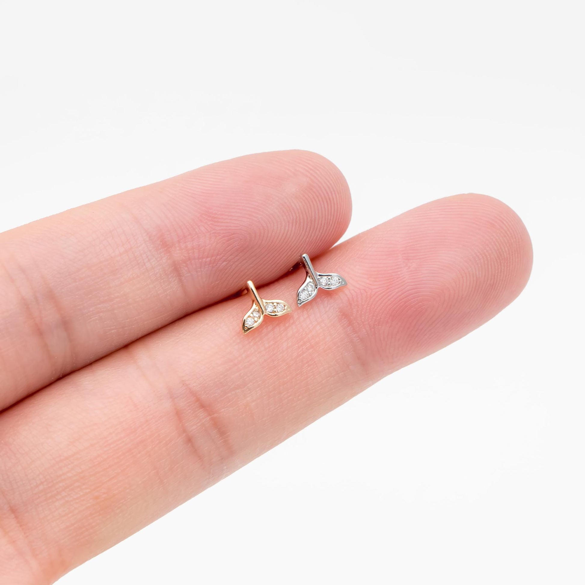 10pcs CZ pave Gold/ Silver Whale Tail Earrings, Real Gold/ Rhodium Plated Brass, Fish Tail Stud Earrings (#GB-4677)