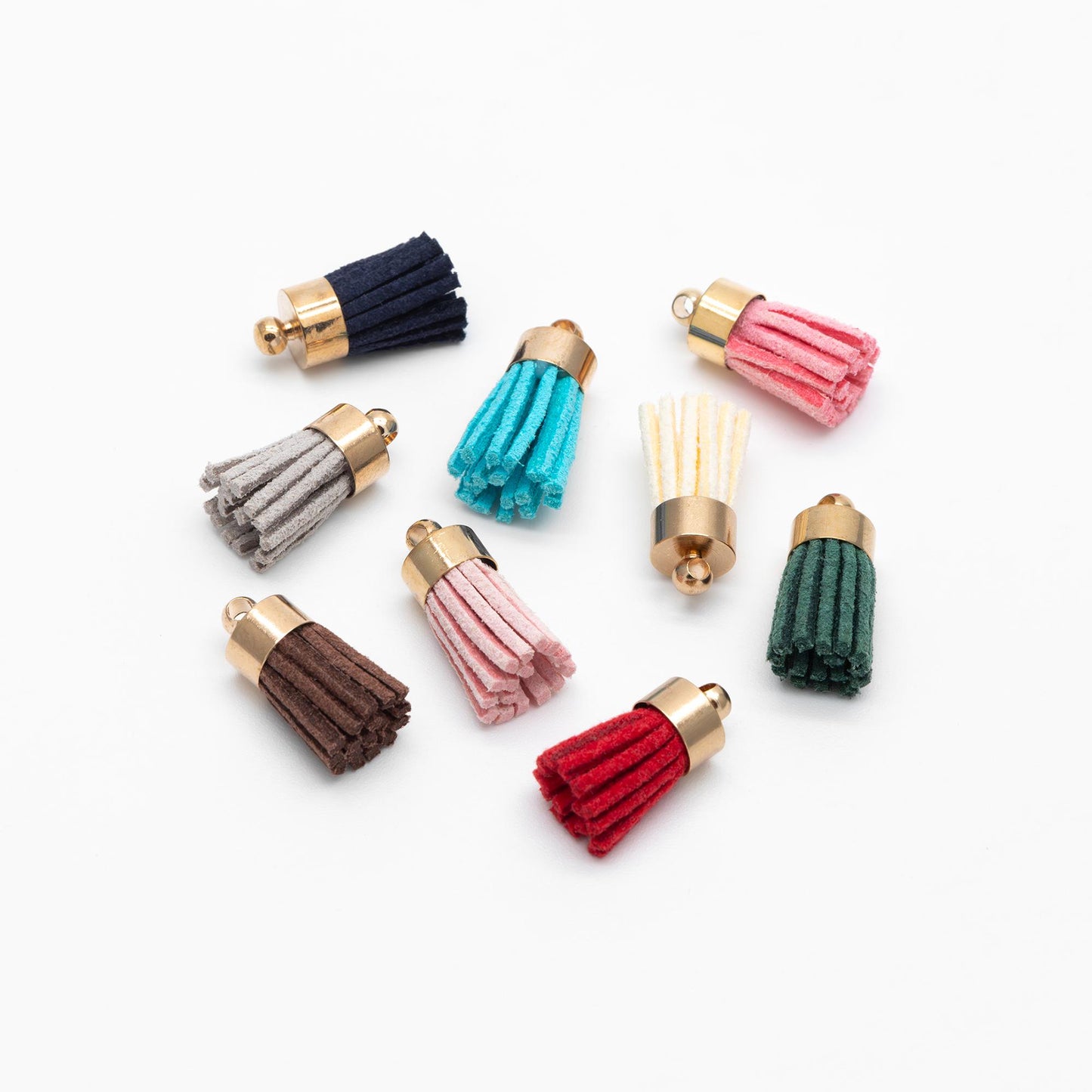 10pcs Mini Suede Tassel with Gold Top Caps, Small Leather Tassel Charm Pendants 17x7mm, Available in 11 Colors (FB-004)