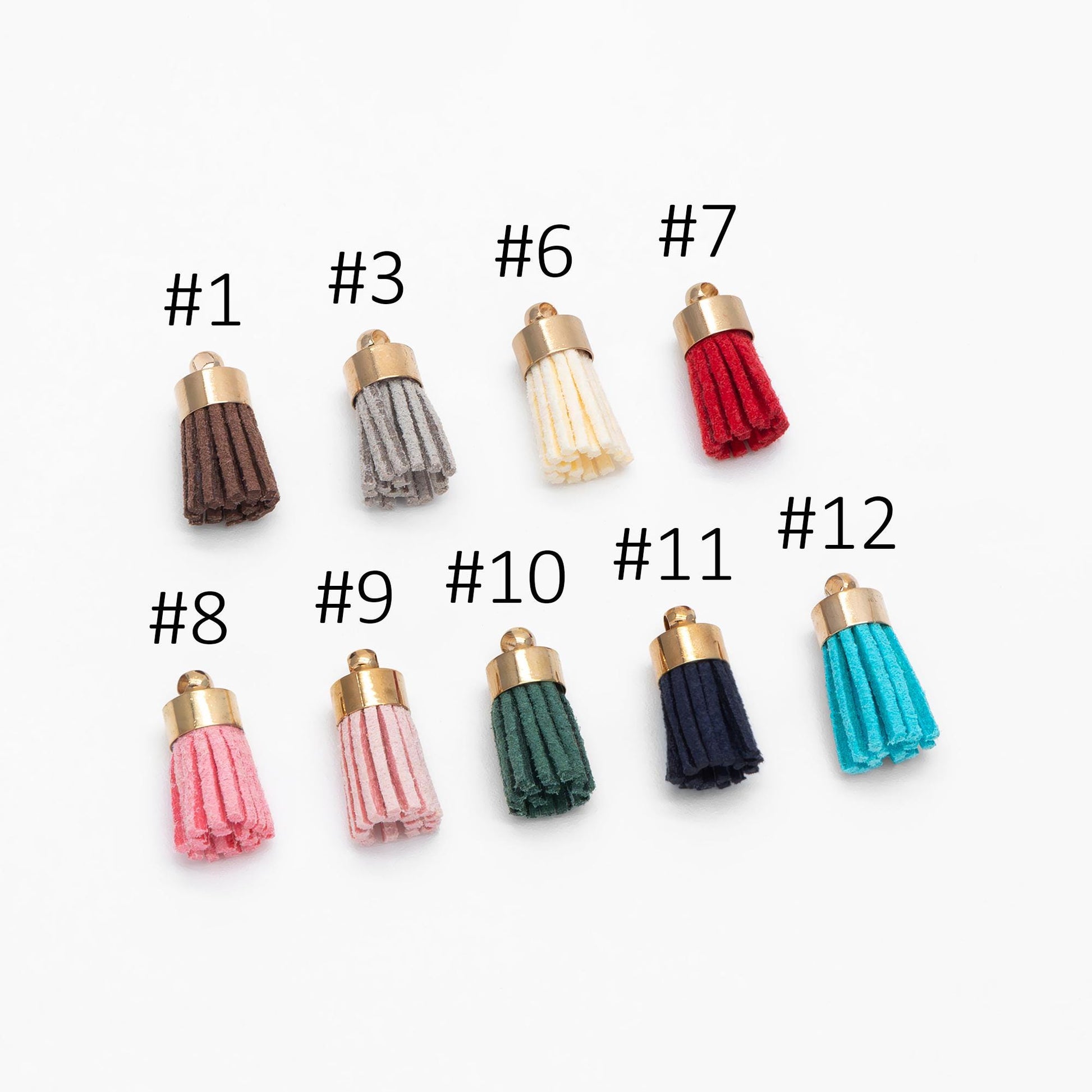 10pcs Mini Suede Tassel with Gold Top Caps, Small Leather Tassel Charm Pendants 17x7mm, Available in 11 Colors (FB-004)