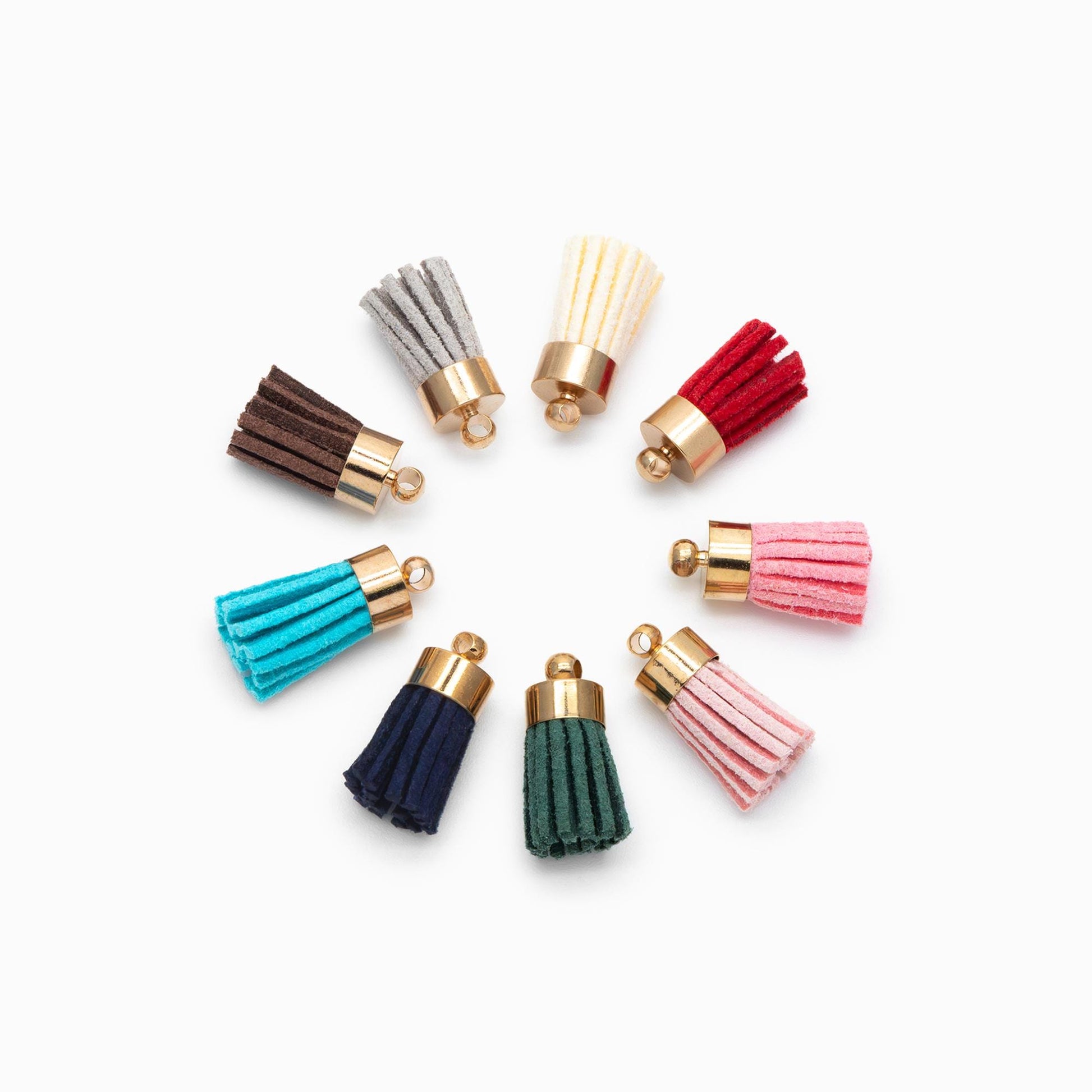 10pcs Mini Suede Tassel with Gold Top Caps, Small Leather Tassel Charm Pendants 17x7mm, Available in 11 Colors (FB-004)