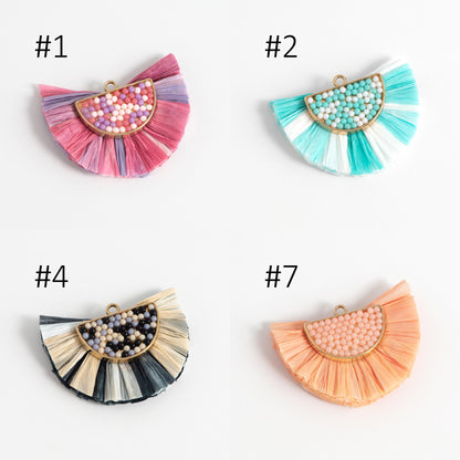 4pcs Fan Tassel Pendants 44x34mm, Beaded Raffia Tassel Charms for Earrings (FB-017)