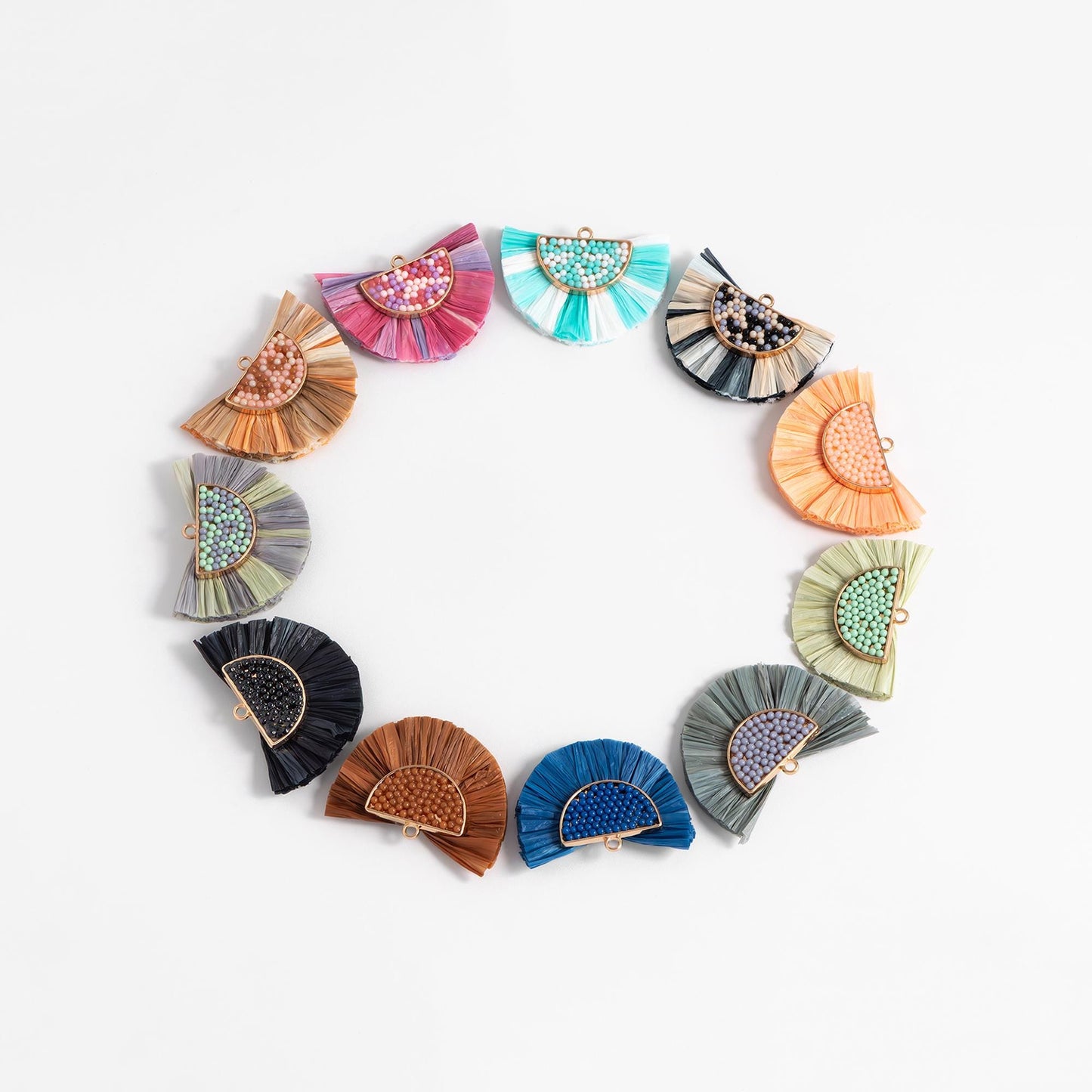 4pcs Fan Tassel Pendants 44x34mm, Beaded Raffia Tassel Charms for Earrings (FB-017)