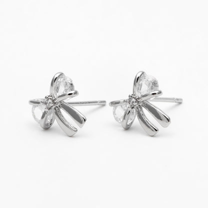 10pcs CZ Pave Gold/ Silver Bowknot Earrings, 18K Real Gold/ Rhodium plated Brass, Bow Knot Stud Earring (GB-139-F)