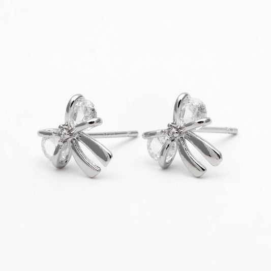 4pcs CZ Pave Gold/ Silver Bowknot Earrings, 18K Real Gold/ Rhodium plated Brass, Bow Knot Stud Earring (GB-139-F)
