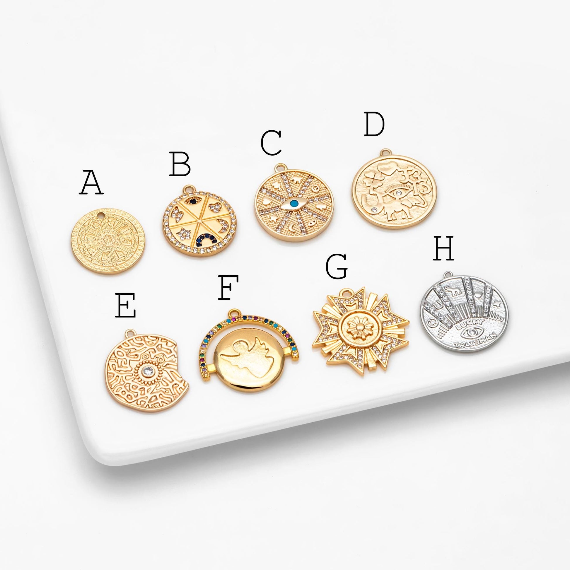 4pcs Gold/ Silver Talisman Charm, lucky charm, Lucky Medallion Pendant for Necklace Jewelry Making Supply (GB-1766)