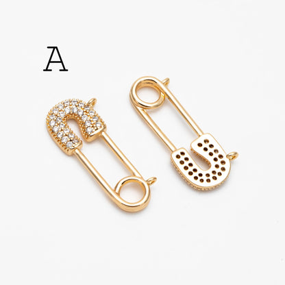4pcs CZ Pave Safety Pin Charm Connectors , Gold Plated Brass Safety Pin Charm Pendants (GB-1827)