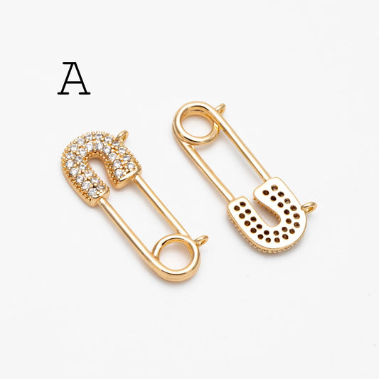 4pcs CZ Pave Safety Pin Charm Connectors , Gold Plated Brass Safety Pin Charm Pendants (GB-1827)