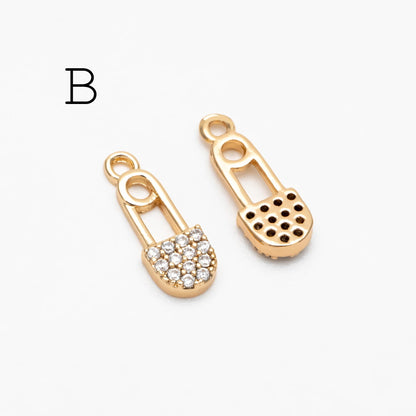 4pcs CZ Pave Safety Pin Charm Connectors , Gold Plated Brass Safety Pin Charm Pendants (GB-1827)