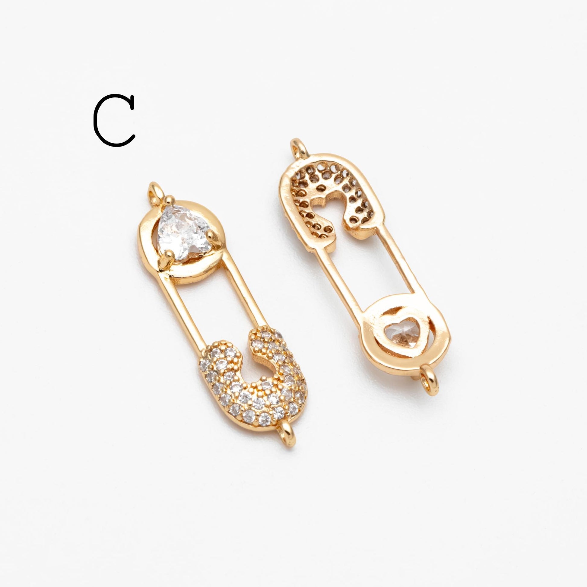 4pcs CZ Pave Safety Pin Charm Connectors , Gold Plated Brass Safety Pin Charm Pendants (GB-1827)