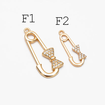 4pcs CZ Pave Safety Pin Charm Connectors , Gold Plated Brass Safety Pin Charm Pendants (GB-1827)