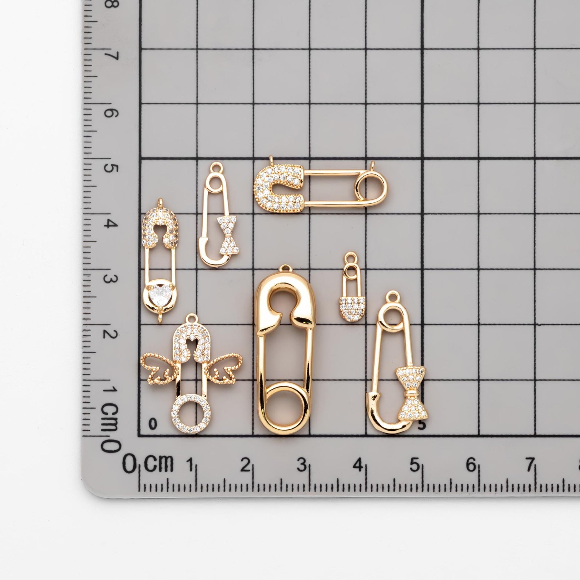 4pcs CZ Pave Safety Pin Charm Connectors , Gold Plated Brass Safety Pin Charm Pendants (GB-1827)