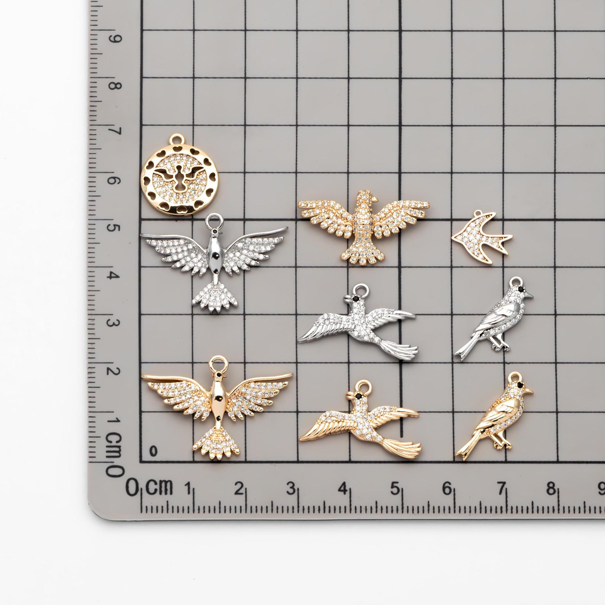 4pcs CZ Pave Gold/ Silver Tone Bird Charms, Real Gold/ Rhodium plated Brass Bird Pendant (GB-1480)