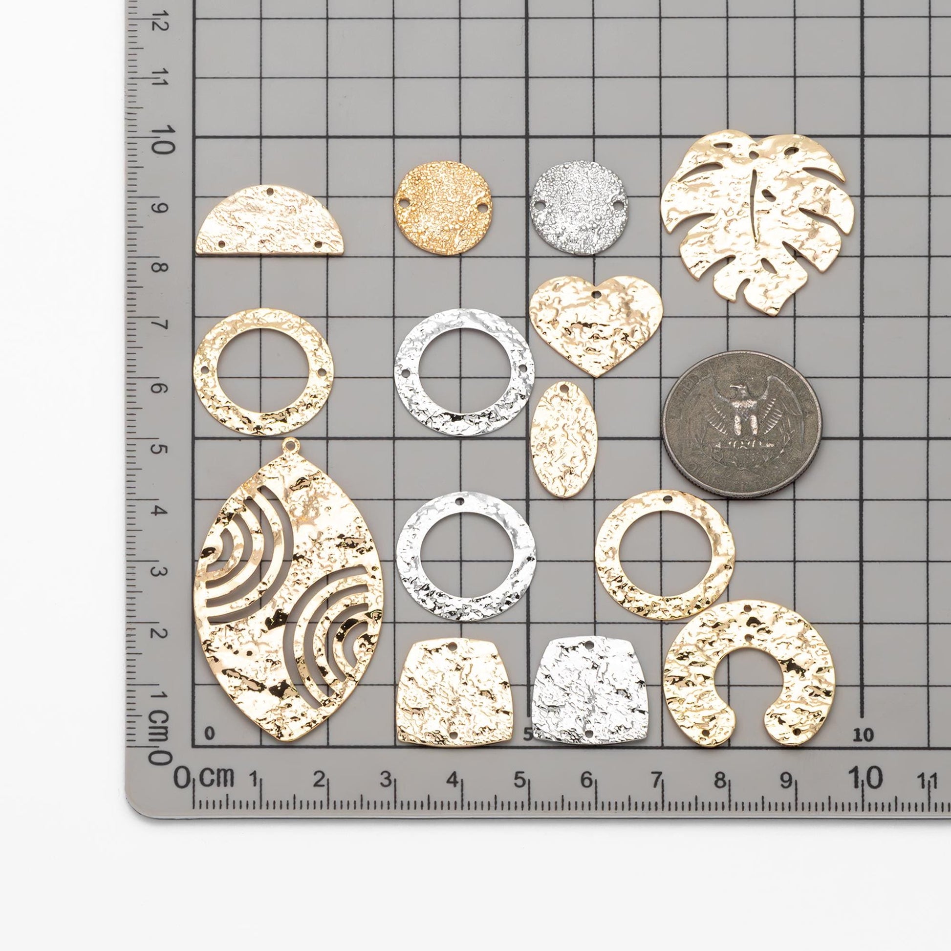 10pcs Gold/ Silver Tone Hammered Charm Connectors, Gold/ Rhodium plated Brass, Rustic Geometric Pendents (GB-1422)