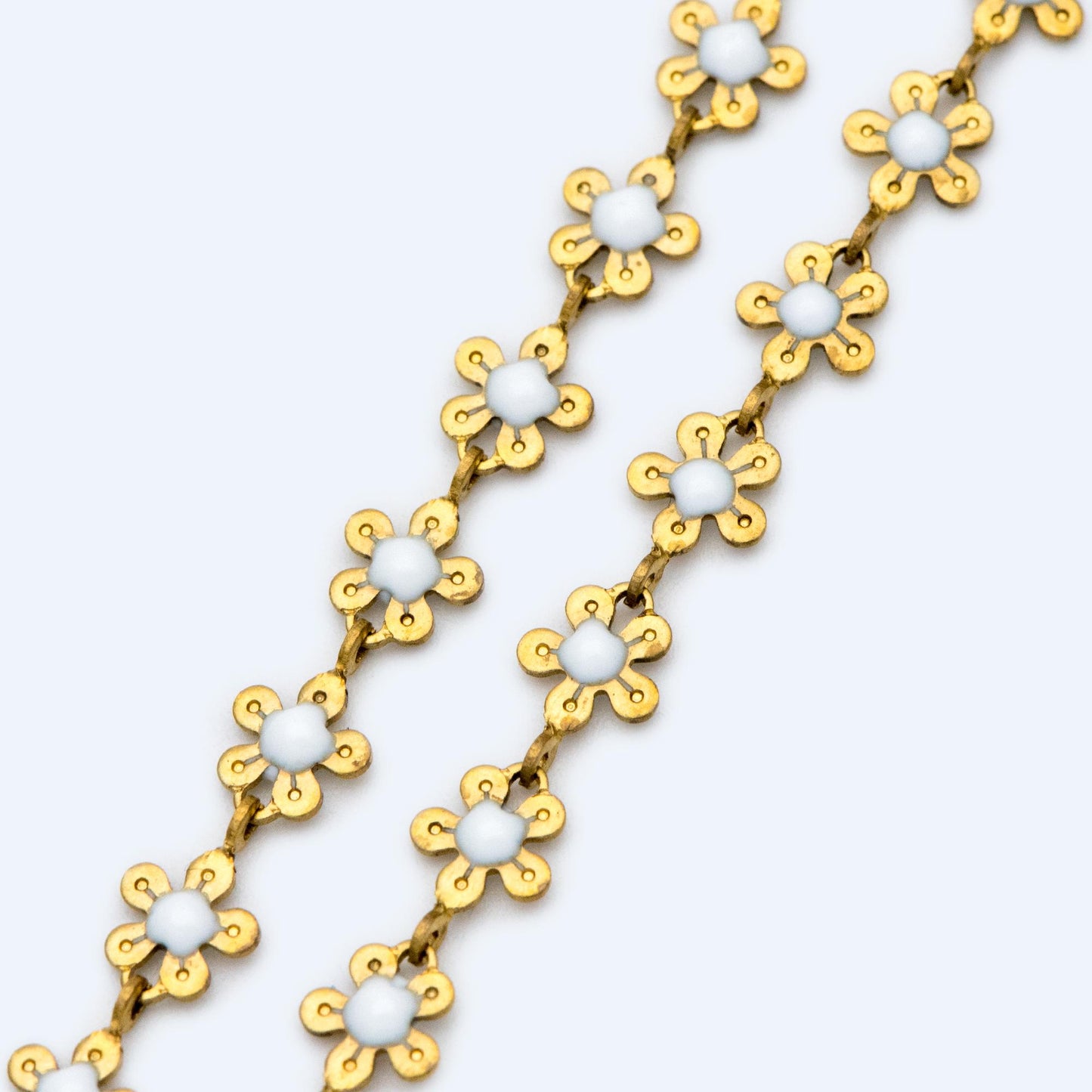 Enamel Flower Chain, Unplated Raw Brass Designer Chain 6mm, Floral Link Chain Findings, White (#LK-392)/ 1 Meter=3.3ft