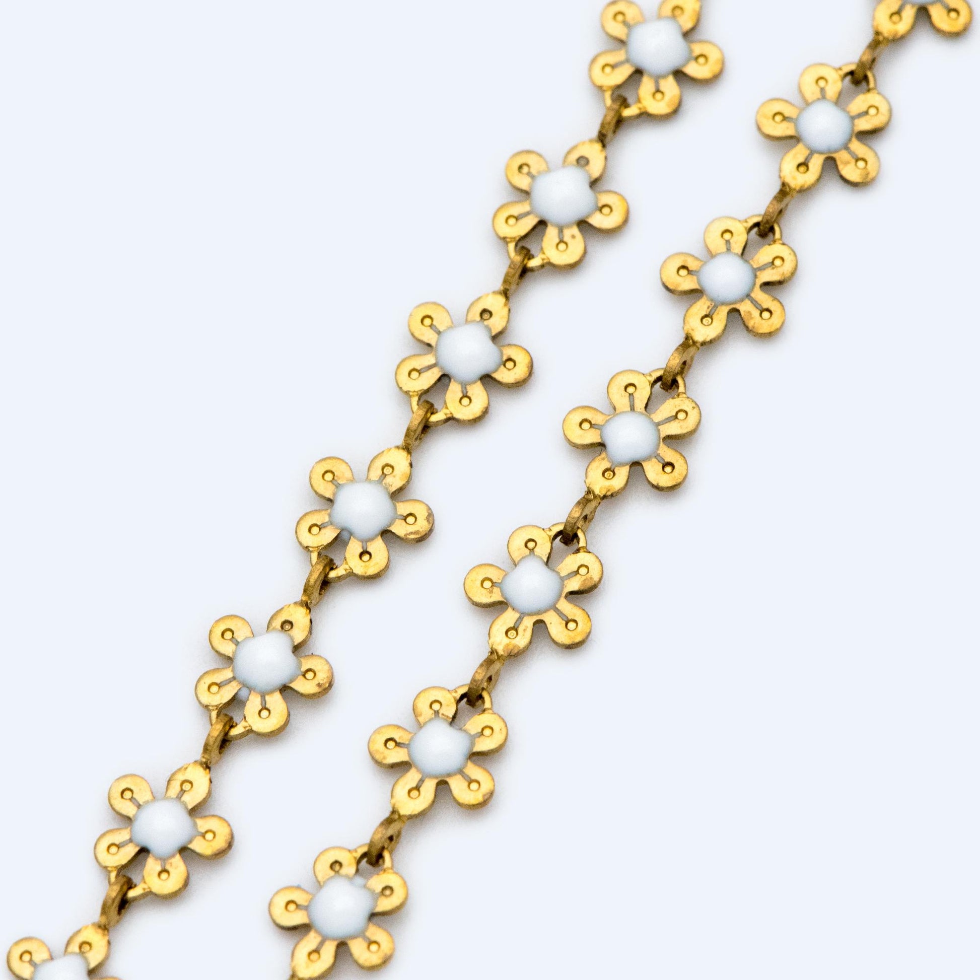 Enamel Flower Chain, Unplated Raw Brass Designer Chain 6mm, Floral Link Chain Findings, White (#LK-392)/ 1 Meter=3.3ft