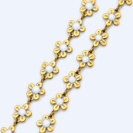 Enamel Flower Chain, Unplated Raw Brass Designer Chain 6mm, Floral Link Chain Findings, White (#LK-392)/ 1 Meter=3.3ft