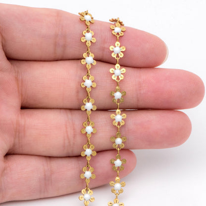 Enamel Flower Chain, Unplated Raw Brass Designer Chain 6mm, Floral Link Chain Findings, White (#LK-392)/ 1 Meter=3.3ft