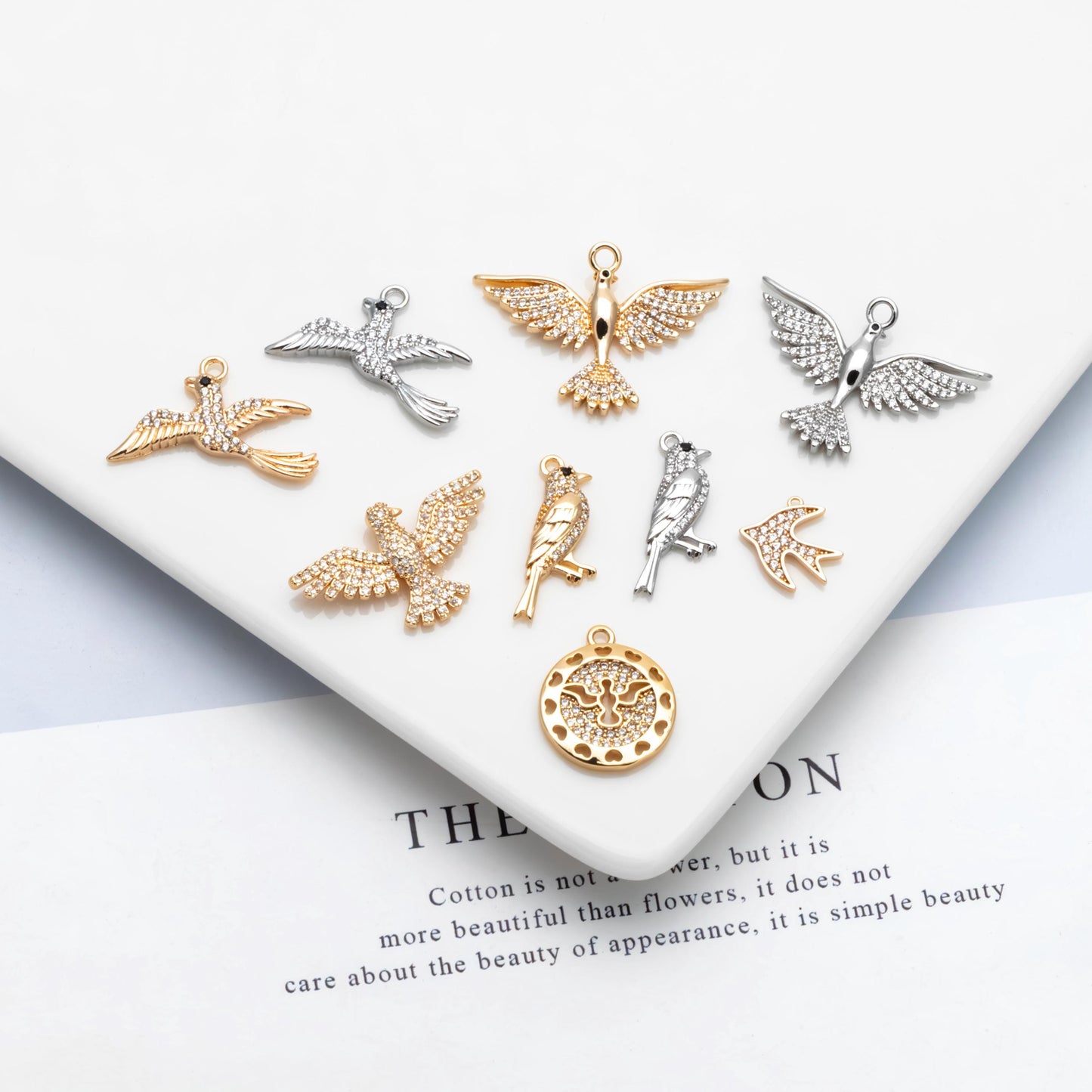 4pcs CZ Pave Gold/ Silver Tone Bird Charms, Real Gold/ Rhodium plated Brass Bird Pendant (GB-1480)