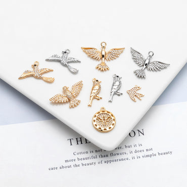 4pcs CZ Pave Gold/ Silver Tone Bird Charms, Real Gold/ Rhodium plated Brass Bird Pendant (GB-1480)