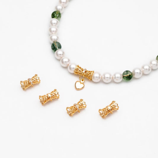 4pcs CZ Pave Gold Filigree Tube Spacer Beads with Loop, Bracelet Bails, Tube Pendant, Filigree Charm, Gold Plated Findinigs (GB-2504)