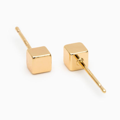 10pcs Gold Minimalist Cube Ear Posts 3mm/4mm, Gold Plated Brass Geometric Stud Earrings (GB-3335)