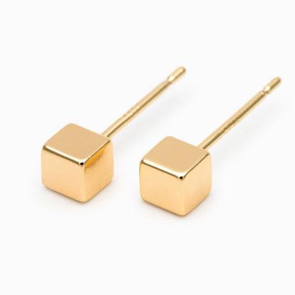 10pcs Gold Minimalist Cube Ear Posts 3mm/4mm, Gold Plated Brass Geometric Stud Earrings (GB-3335)