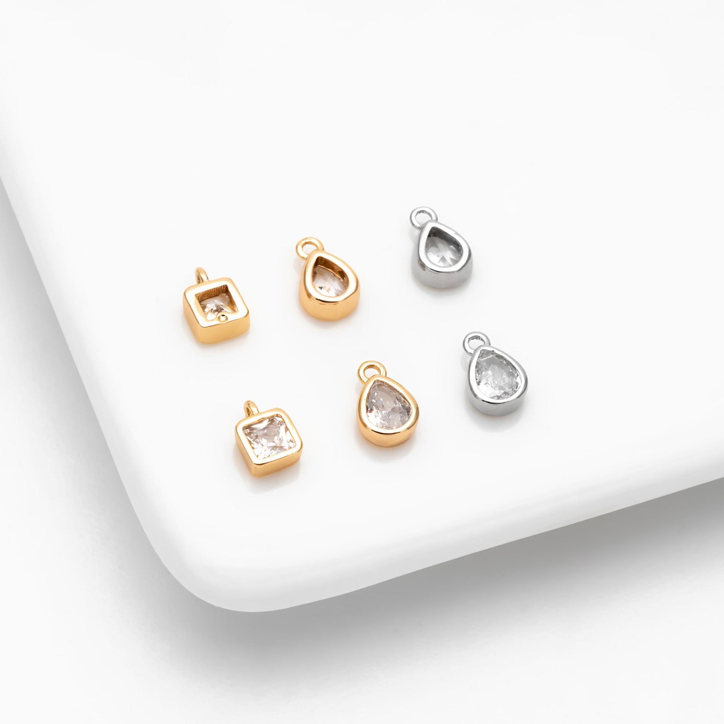 10pcs CZ pave Gold/ Silver Square/ Teardrop Charms , Gold/ Rhodium Plated Brass Drop Pendants (GB-992)