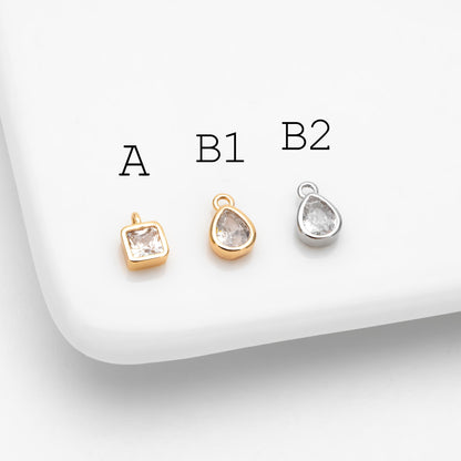 10pcs CZ pave Gold/ Silver Square/ Teardrop Charms , Gold/ Rhodium Plated Brass Drop Pendants (GB-992)
