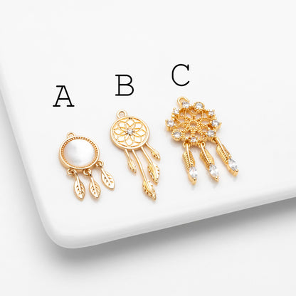 4pcs Gold Dreamcatcher Charms, 18K Gold plated Brass, Dainty Earring Charms (GB-4639)