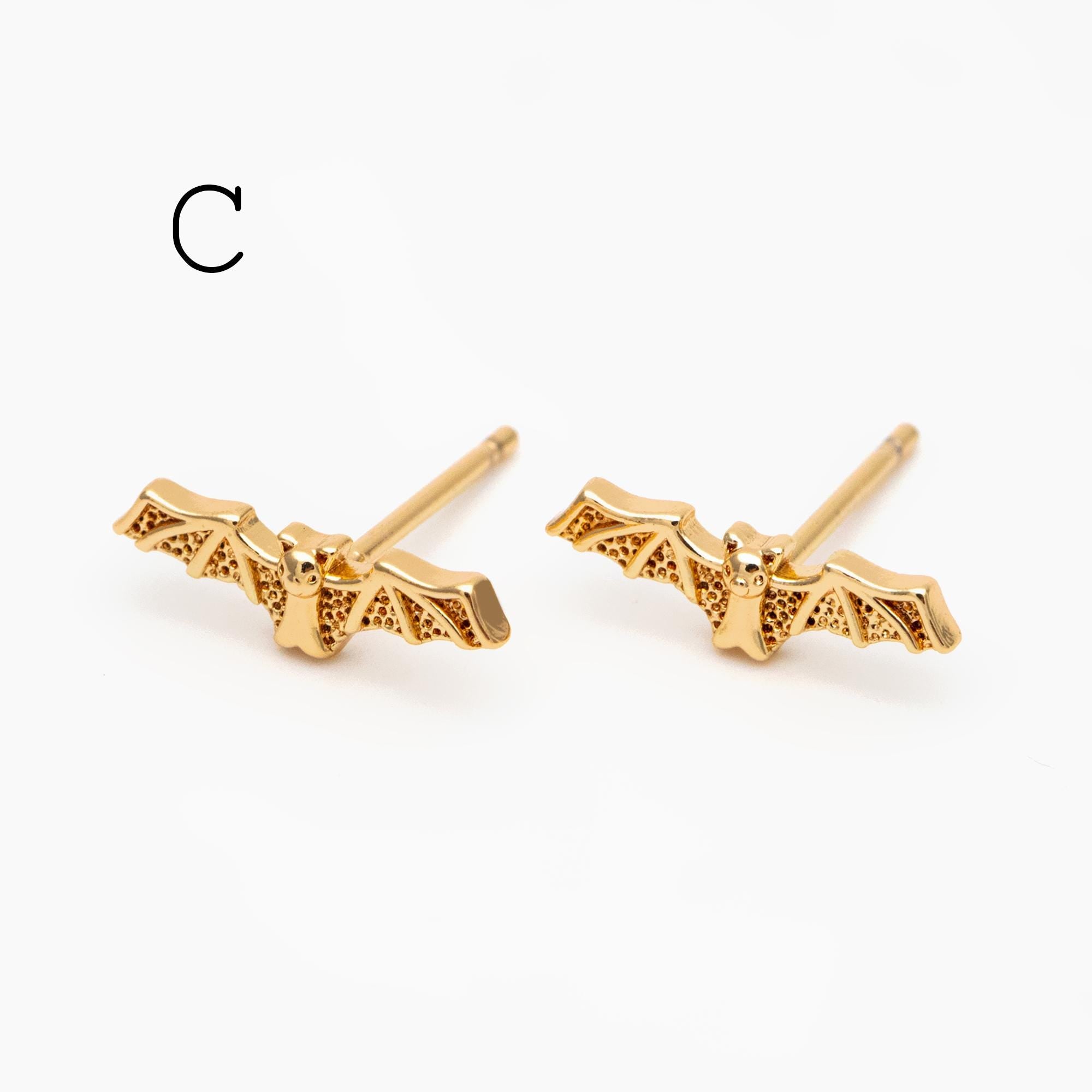 10pcs Gold/ Silver Spider Bat Earrings, Gold/ Rhodium Plated Brass Halloween Stud Earrings (GB-4110)