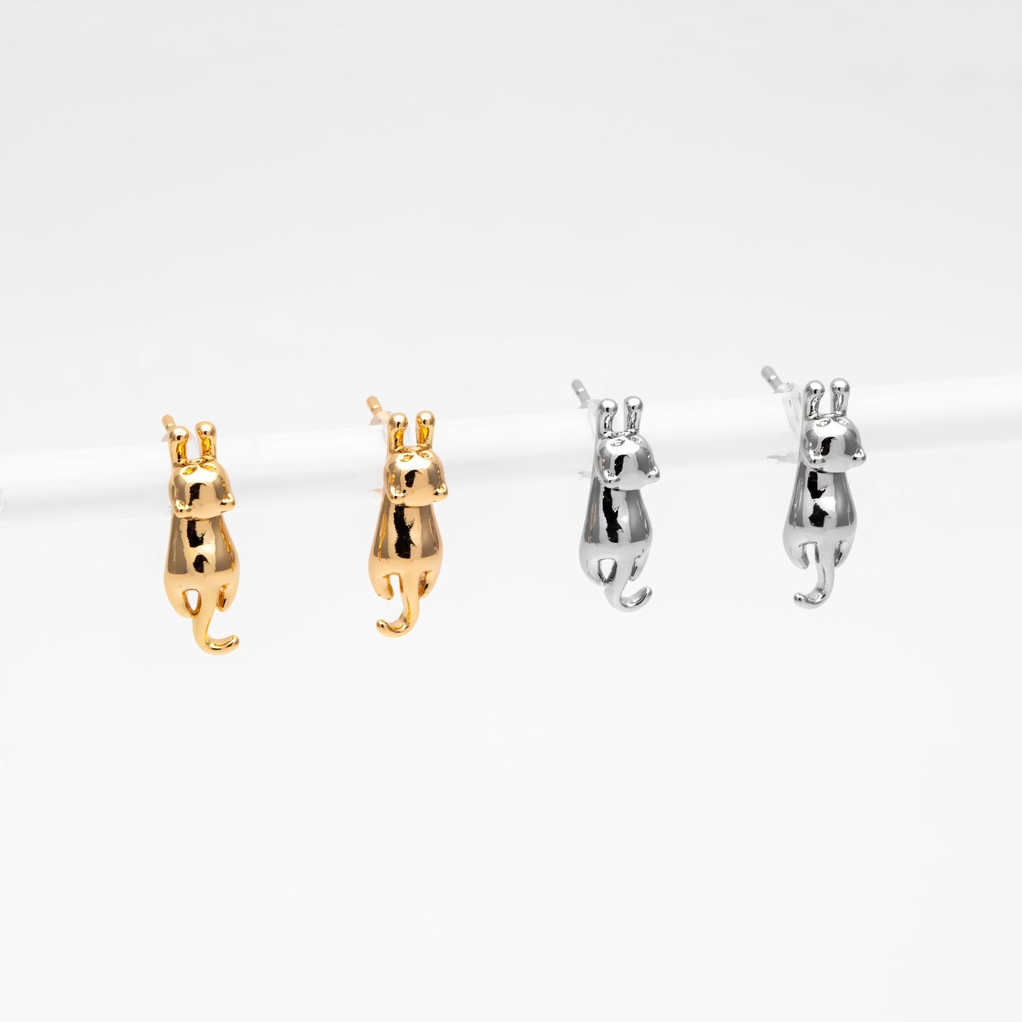 10pcs Gold/ Silver Cat Earrings 16x5mm, Gold/ Rhodium Plated Brass Animal Stud Earrings (GB-4056)